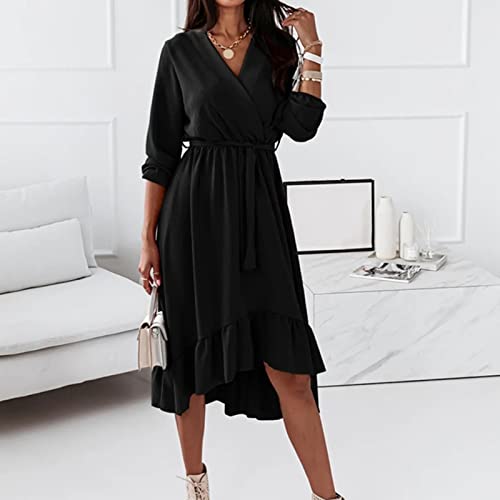 Summer Dress, Floral Dresses Vacation Dress Knee Length for Women, Women's Fashionable Elegant Solid Color V-Neck Ruffle Long Sleeve Dress Bodycon Woman Dresses Wrap Dress Fitted (S, Black)