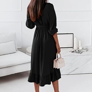 Summer Dress, Floral Dresses Vacation Dress Knee Length for Women, Women's Fashionable Elegant Solid Color V-Neck Ruffle Long Sleeve Dress Bodycon Woman Dresses Wrap Dress Fitted (S, Black)