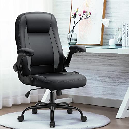 Black Desk Chair Ergonomic Office Chair Lumbar Support Desk Chairs with Wheels and Flip-up Armrest Adjustable PU Leather Computer Chair Backward Tilt