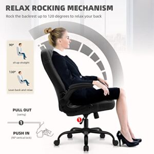 Black Desk Chair Ergonomic Office Chair Lumbar Support Desk Chairs with Wheels and Flip-up Armrest Adjustable PU Leather Computer Chair Backward Tilt