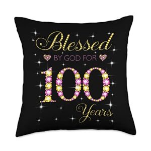 blessed by god 100th birthday gift for ladies blessed by god for 100 years old 100th bday gift for women throw pillow, 18x18, multicolor
