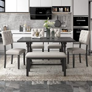 Woanke Piece Wooden Table Set with Upholstered Bench and 4 Dining Chairs, Special-Shaped Legs Seat Backs& Beige Cushions, Gray Foam-Covered 6 Pcs