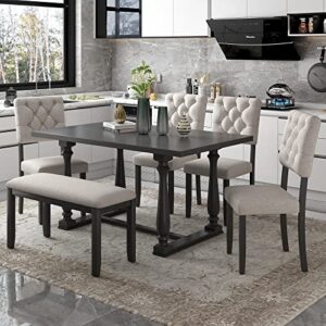 woanke piece wooden table set with upholstered bench and 4 dining chairs, special-shaped legs seat backs& beige cushions, gray foam-covered 6 pcs