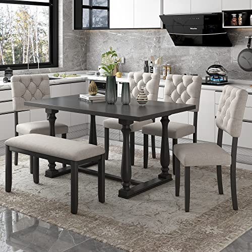 Woanke Piece Wooden Table Set with Upholstered Bench and 4 Dining Chairs, Special-Shaped Legs Seat Backs& Beige Cushions, Gray Foam-Covered 6 Pcs