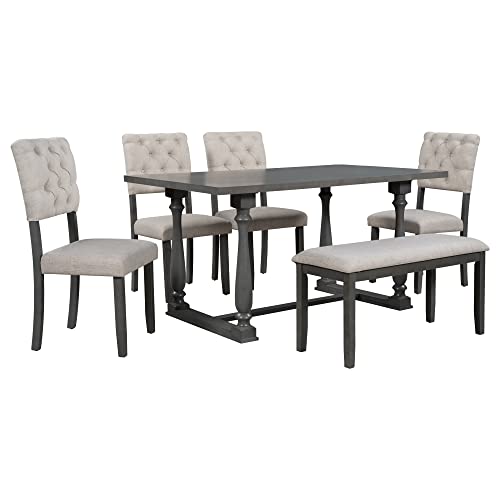 Woanke Piece Wooden Table Set with Upholstered Bench and 4 Dining Chairs, Special-Shaped Legs Seat Backs& Beige Cushions, Gray Foam-Covered 6 Pcs