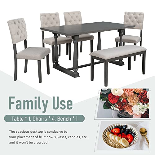 Woanke Piece Wooden Table Set with Upholstered Bench and 4 Dining Chairs, Special-Shaped Legs Seat Backs& Beige Cushions, Gray Foam-Covered 6 Pcs