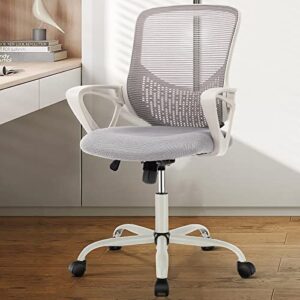 sweetcrispy, ergonomic home office desk, mid back mesh computer, cute swivel rolling task chair with lumbar support and armrests, grey