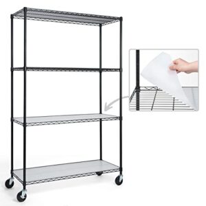 fencer wire nsf commercial heavy duty wire shelving w/wheels, leveling feet & liners, kitchen storage shelf, garage shelving storage, utility wire rack storage shelves, w/liner, 48 x 18 x 76 4-tier