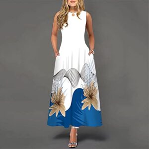 Women's Cocktail Dresses, Women's Dresses Casual Dress to Hide Tummy Sleeveless Bodycon Dresses for Women Casual Summer Printing Big Hem Dresswave Round Neck Long Dress Sun (L, Light Blue)