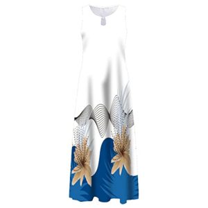 Women's Cocktail Dresses, Women's Dresses Casual Dress to Hide Tummy Sleeveless Bodycon Dresses for Women Casual Summer Printing Big Hem Dresswave Round Neck Long Dress Sun (L, Light Blue)