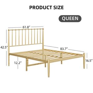 Amyove Queen Bed Frame Metal Platform Bed with Headboard, 14 Inches Metal Mattress Foundation for Storage, No Box Spring Needed, Easy Assembly, Modern, Gold