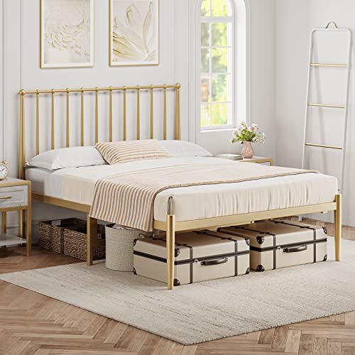 Amyove Queen Bed Frame Metal Platform Bed with Headboard, 14 Inches Metal Mattress Foundation for Storage, No Box Spring Needed, Easy Assembly, Modern, Gold