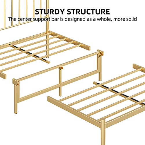 Amyove Queen Bed Frame Metal Platform Bed with Headboard, 14 Inches Metal Mattress Foundation for Storage, No Box Spring Needed, Easy Assembly, Modern, Gold