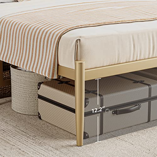 Amyove Queen Bed Frame Metal Platform Bed with Headboard, 14 Inches Metal Mattress Foundation for Storage, No Box Spring Needed, Easy Assembly, Modern, Gold