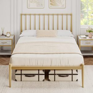 Amyove Queen Bed Frame Metal Platform Bed with Headboard, 14 Inches Metal Mattress Foundation for Storage, No Box Spring Needed, Easy Assembly, Modern, Gold