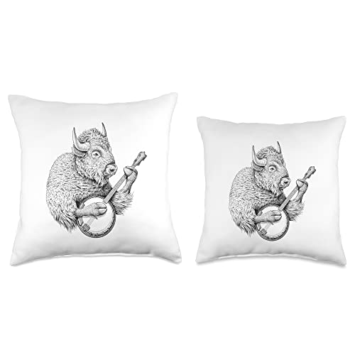 Banjo bison Buffalo Retro Bison Animal Playing Banjo Throw Pillow, 18x18, Multicolor