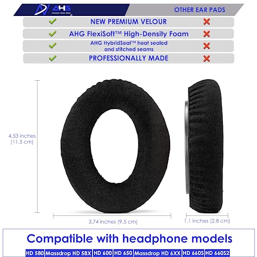 AHG Replacement Ear Pads & Headband Cushion Pad Compatible with Sennheiser Headphones HD600 HD650 HD 660S HD 660S2 Massdrop X HD 6XX HD58X Jubilee & HD580 - Premium Velour & High-Density Foam (Black)