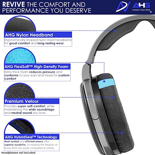 AHG Replacement Ear Pads & Headband Cushion Pad Compatible with Sennheiser Headphones HD600 HD650 HD 660S HD 660S2 Massdrop X HD 6XX HD58X Jubilee & HD580 - Premium Velour & High-Density Foam (Black)