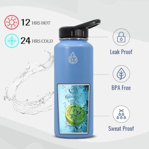 HYDRO H2O 37 oz Insulated Water Bottles with Twist Cap, Stainless Steel Water Bottle, Leak Proof Metal Water Bottle, Resuable Thermos BPA Free Flask, Light Blue