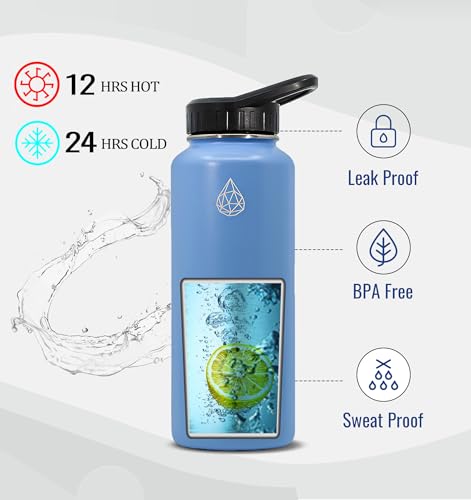 HYDRO H2O 37 oz Insulated Water Bottles with Twist Cap, Stainless Steel Water Bottle, Leak Proof Metal Water Bottle, Resuable Thermos BPA Free Flask, Light Blue