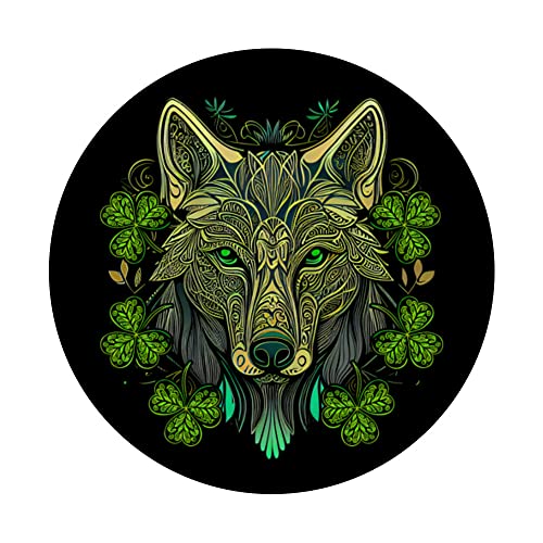 Wolf Face Head Mandala Irish Shamrock Clover St Patricks PopSockets Swappable PopGrip