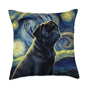 black pug pet love fun black pug in starry night painting dog mom dad throw pillow, 18x18, multicolor