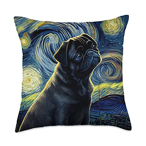 black Pug Pet Love Fun Black Pug in Starry Night Painting Dog Mom Dad Throw Pillow, 18x18, Multicolor