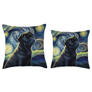 black Pug Pet Love Fun Black Pug in Starry Night Painting Dog Mom Dad Throw Pillow, 18x18, Multicolor