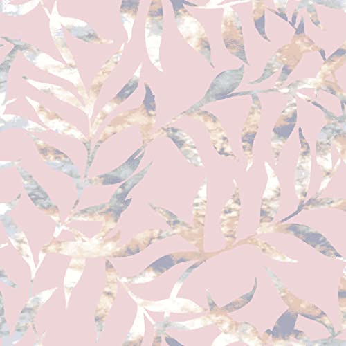 Texco Inc Leaf Pattern Printed Poly Rayon Spandex French Terry DIY Stretch Fabric, Pink Grey 3 Yards