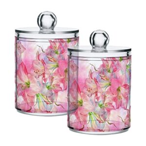 xigua 2 pack amaryllis flowers pink apothecary jars with lid, qtip holder storage containers for cotton ball, swabs, pads, clear plastic canisters for bathroom vanity organization (10 oz)