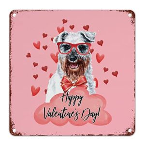 pet dog happy valentine's day metal plaque sign field spaniel dog retro wall decoration plaques dog with red glasses and love heart aluminum sign for kid room living room 12x12in
