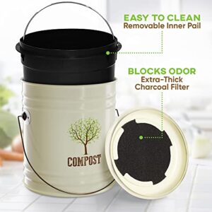 Third Rock - 1.3 Gallon Farmhouse Kitchen Compost Bin - Beige - with 3 Years Supply of Charcoal Filter Replacements