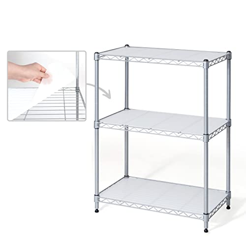 Fencer Wire NSF Adjustable Height Wire Shelving w/Liner, Basement Storage Shelving, Metal Steel Storage Shelves, Kitchen, Garage Shelving Storage Organizer, Utility Shelf, 3-Tier W/Liners, Silver