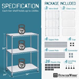 Fencer Wire NSF Adjustable Height Wire Shelving w/Liner, Basement Storage Shelving, Metal Steel Storage Shelves, Kitchen, Garage Shelving Storage Organizer, Utility Shelf, 3-Tier W/Liners, Silver