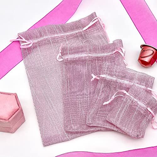 TheDisplayGuys - 24-Pack Striped Weave Organza Gift Bags w/Drawstrings - Small 3" x 4" - Pink - for Party Favors, Samples, Treats