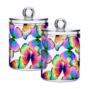xigua 2 pack colorful butterfly apothecary jars with lid, qtip holder storage containers for cotton ball, swabs, pads, clear plastic canisters for bathroom vanity organization (10 oz)