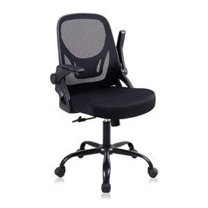 ergonomic mesh office desk chair, mid-back task chair with flip-up arms, tilt function and lumbar support, black computer chair