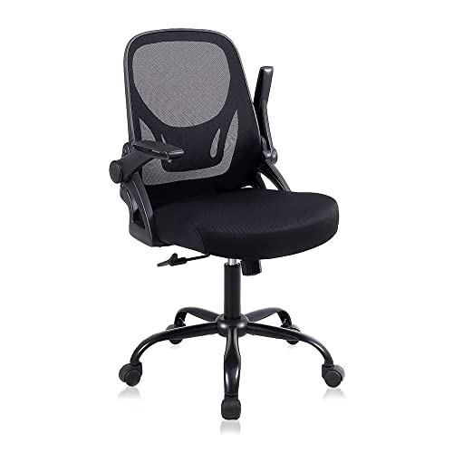 Ergonomic Mesh Office Desk Chair, Mid-Back Task Chair with Flip-Up Arms, Tilt Function and Lumbar Support, Black Computer Chair