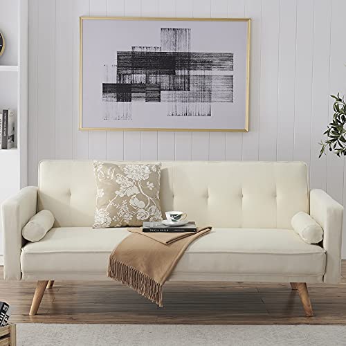 TMEOSK 71” Convertible Futon Sofa Bed, Recliner Sofa Couch with 2 Pillows, Upholstered Folding Sleeper Sofa Bed with Removable Armrests for Home Living Room Dorm Office (Beige)