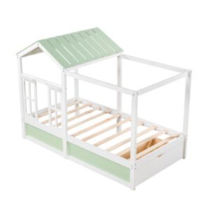 twin house bed with storage drawer for kids wood cabin tent bed frame for girls boys montessori beds with roof and window twin size, green