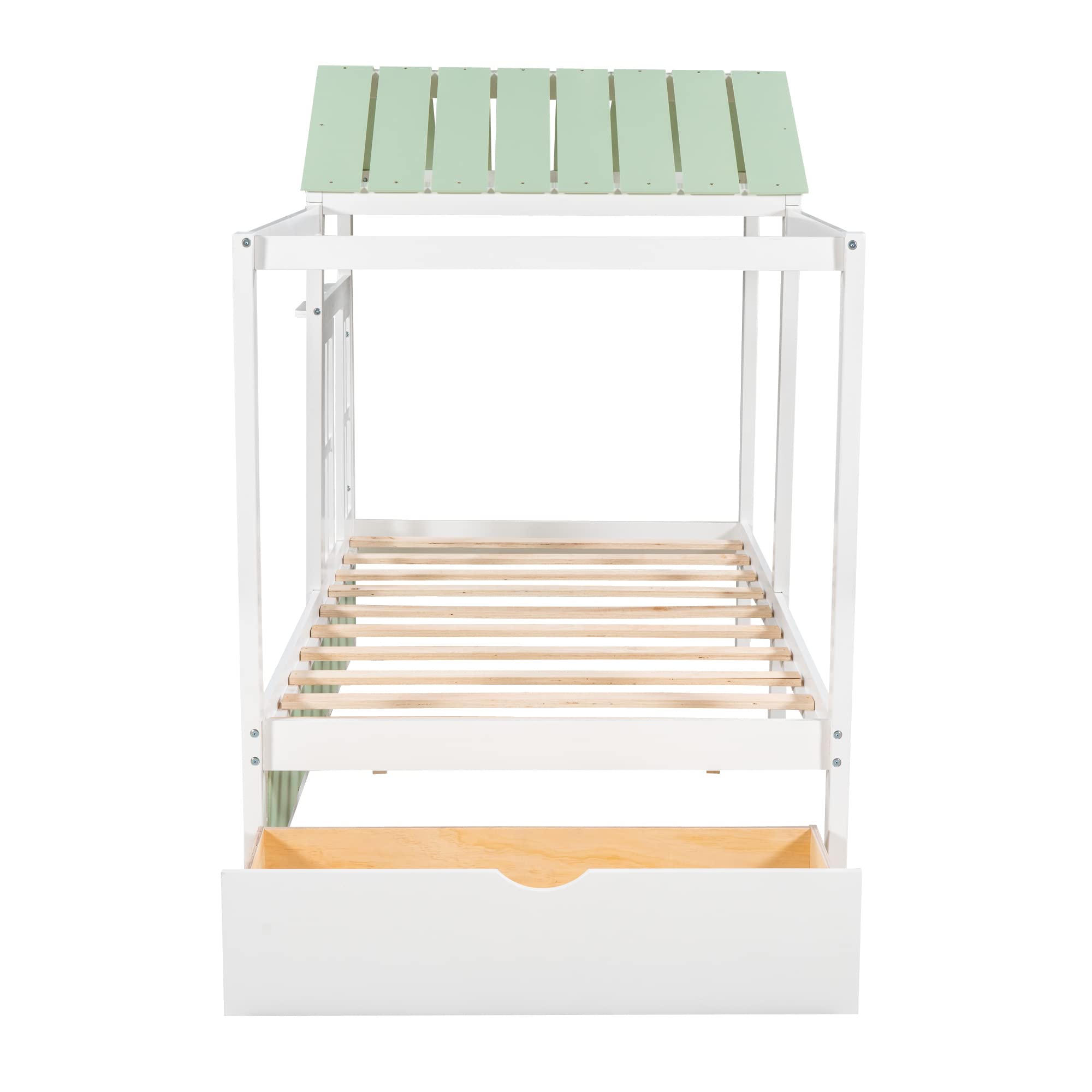 Twin House Bed with Storage Drawer for Kids Wood Cabin Tent Bed Frame for Girls Boys Montessori Beds with Roof and Window Twin Size, Green