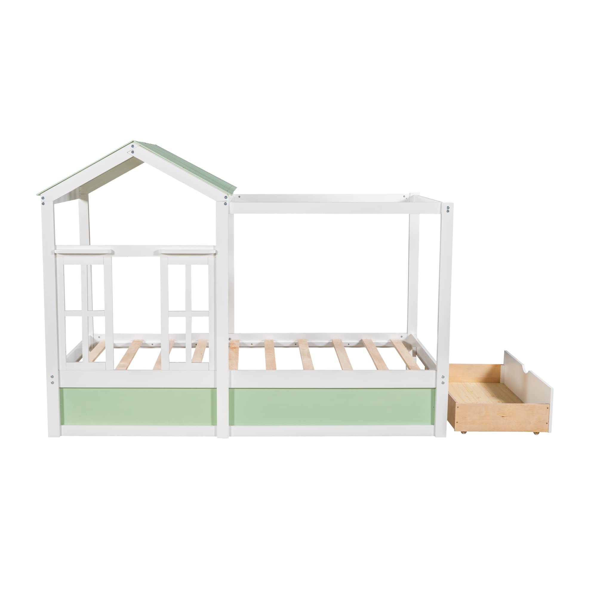 Twin House Bed with Storage Drawer for Kids Wood Cabin Tent Bed Frame for Girls Boys Montessori Beds with Roof and Window Twin Size, Green