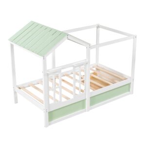 Twin House Bed with Storage Drawer for Kids Wood Cabin Tent Bed Frame for Girls Boys Montessori Beds with Roof and Window Twin Size, Green