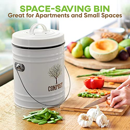 Third Rock - 1.0 Gallon Farmhouse Kitchen Compost Bin - White - with 3 Years Supply of Charcoal Filter Replacements