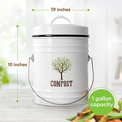 Third Rock - 1.0 Gallon Farmhouse Kitchen Compost Bin - White - with 3 Years Supply of Charcoal Filter Replacements