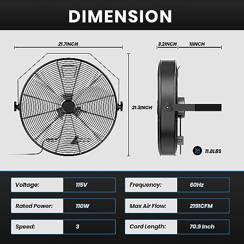 InfiniPower 18 Inch High Velocity Wall Mount Fan with Rack, 3 Speed Industrial/Commercial Metal Ventilation Fan