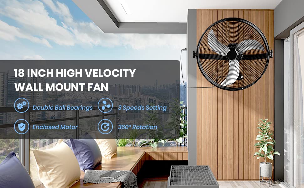 Simple Deluxe 18 Inch High Velocity Wall Mount Fan with Rack, 3 Speed Industrial/Commercial Metal Ventilation Fan, Black