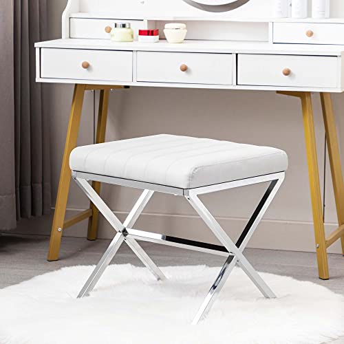 Duhome Vanity Stool,Modern PU Leather Ottoman Stool Chair for Vanity,Vanity Bench with Metal X Legs, Rectangle Makeup Stool Padded Foot Rest Stool for Makeup Room, Living Room, Bathroom,White