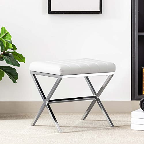 Duhome Vanity Stool,Modern PU Leather Ottoman Stool Chair for Vanity,Vanity Bench with Metal X Legs, Rectangle Makeup Stool Padded Foot Rest Stool for Makeup Room, Living Room, Bathroom,White