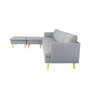 KoiHome Convertible Sectional Handrail, 6-Seater Sleeper Sofa Couch with Metal Gold Conical Legs, Modern Home Furniture for Living, Bedroom,Office,Waiting Room, Polyester, Light Grey